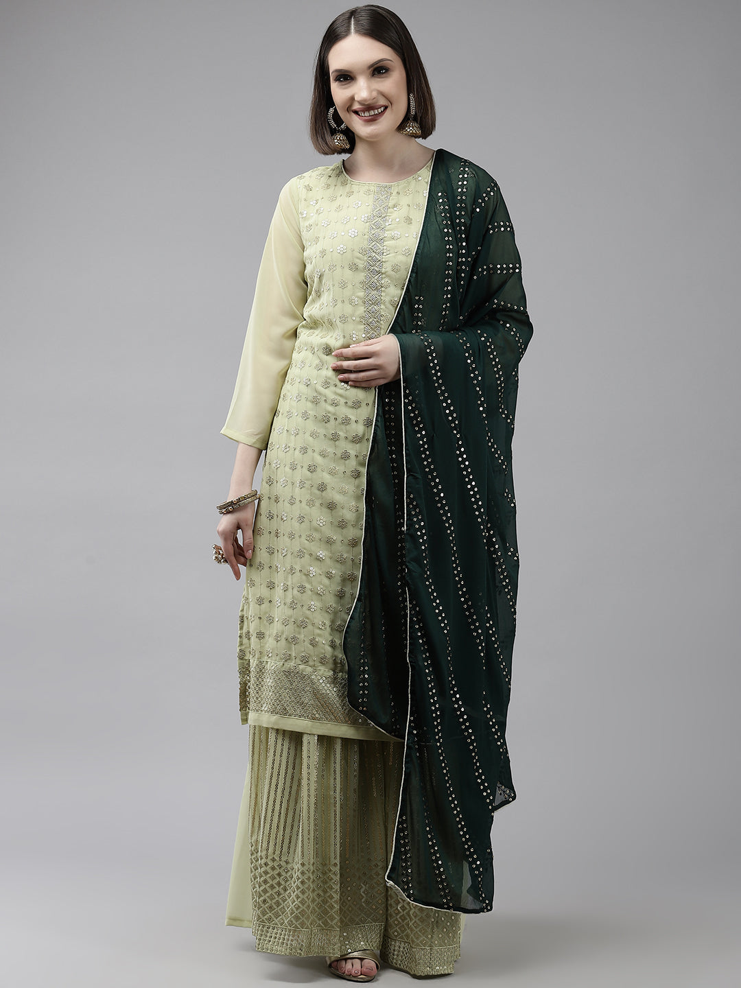 Women's Georgette Green Embroidered A-Line Kurta Sharara Dupatta Set - Ishin