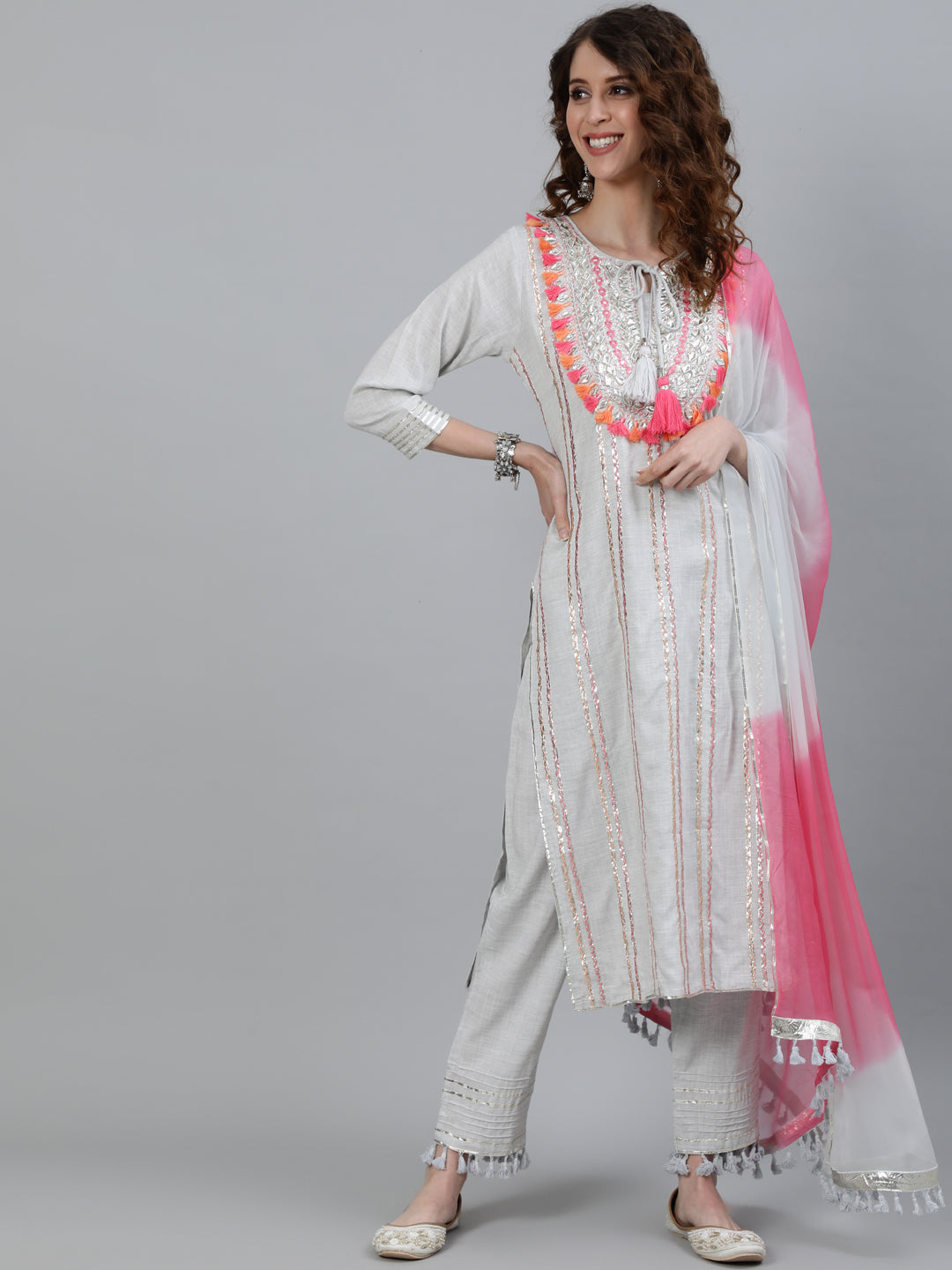 Women's Grey Embroidered A-Line Kurta With Trouser & Ombre Dupatta - Ishin