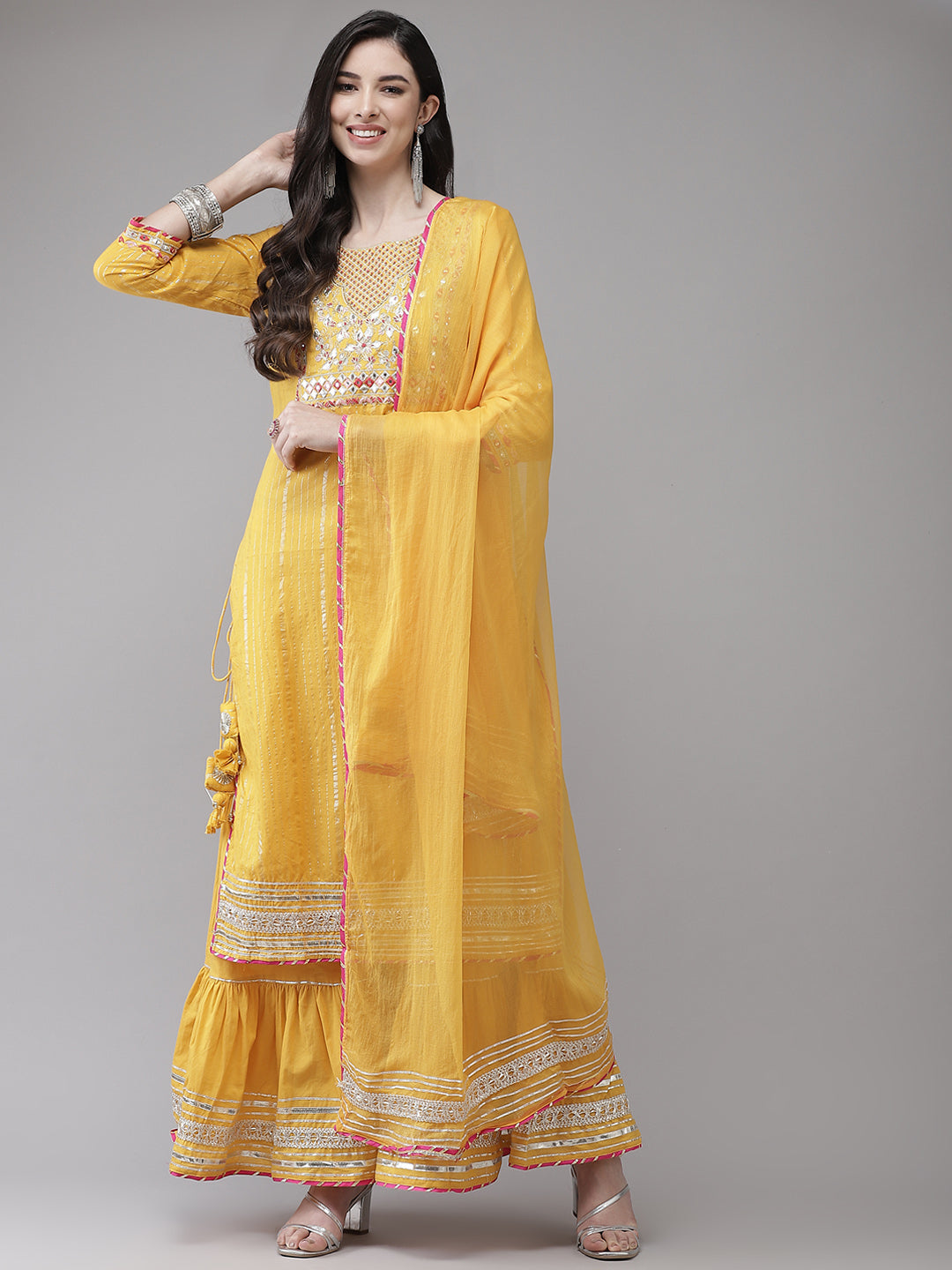 Women's Cotton Blend Mustard Embroidered A-Line Kurta Sharara Dupatta Set - Ishin