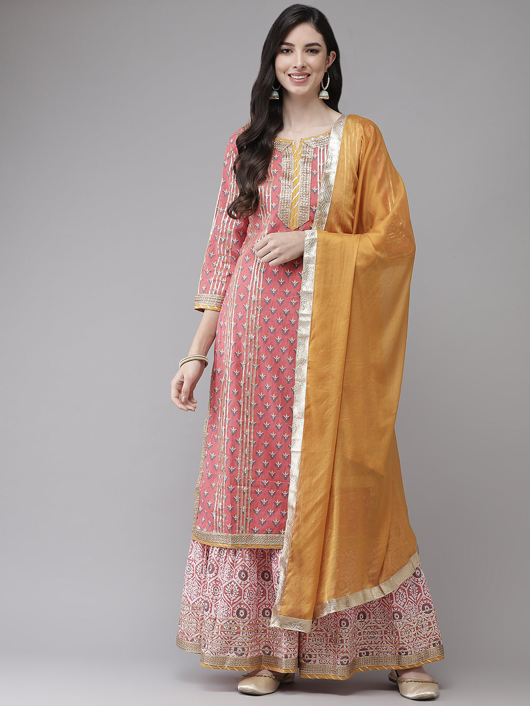 Women's Cotton Peach Gotta Patti Embroidered A-Line Kurta Sharara Dupatta Set  - Ishin