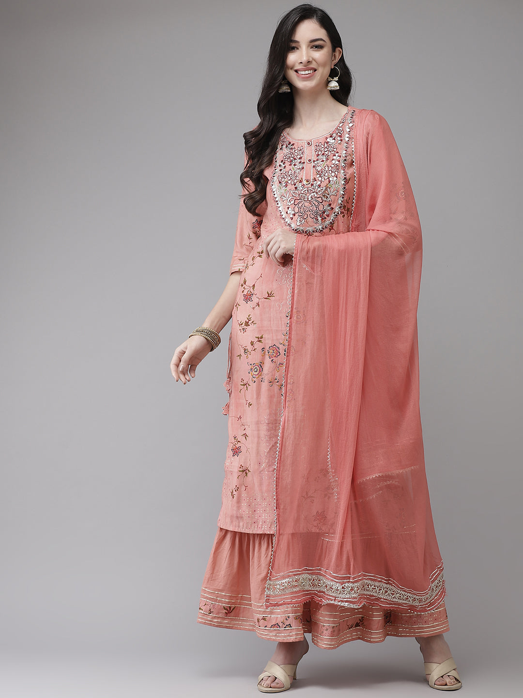 Women's Silk Blend Peach Embroidered A-Line Kurta Sharara Dupatta Set - Ishin