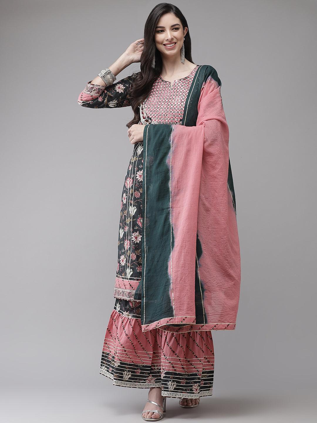 Women's Blue & Pink Kurta with Sharara & Dupatta by Ishin (3pcs Set) - Indiakreations