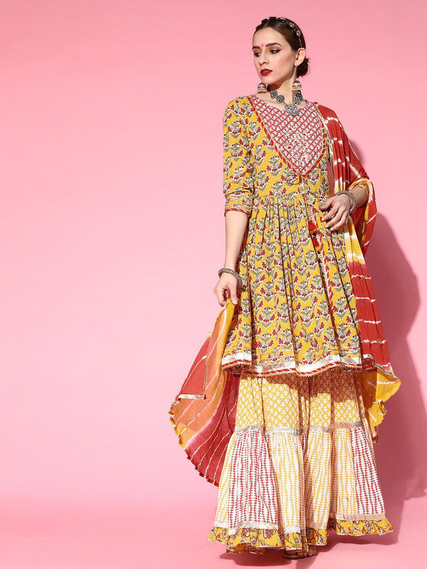 Women's Mustard Gotta Patti Embroidered A-Line Peplum Kurta Sharara Dupatta Set - Ishin - Indiakreations