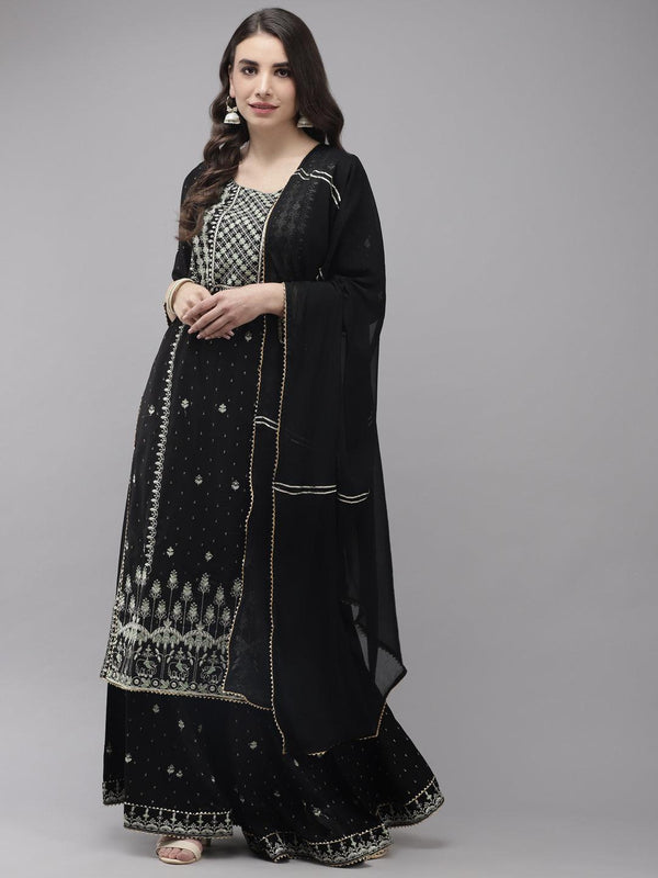 Women's Rayon Black Embroidered A-Line Kurta Sharara Dupatta Set - Ishin - Indiakreations