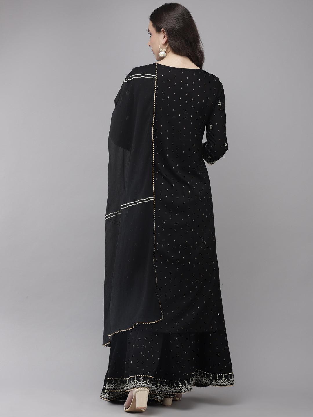 Women's Rayon Black Embroidered A-Line Kurta Sharara Dupatta Set - Ishin - Indiakreations