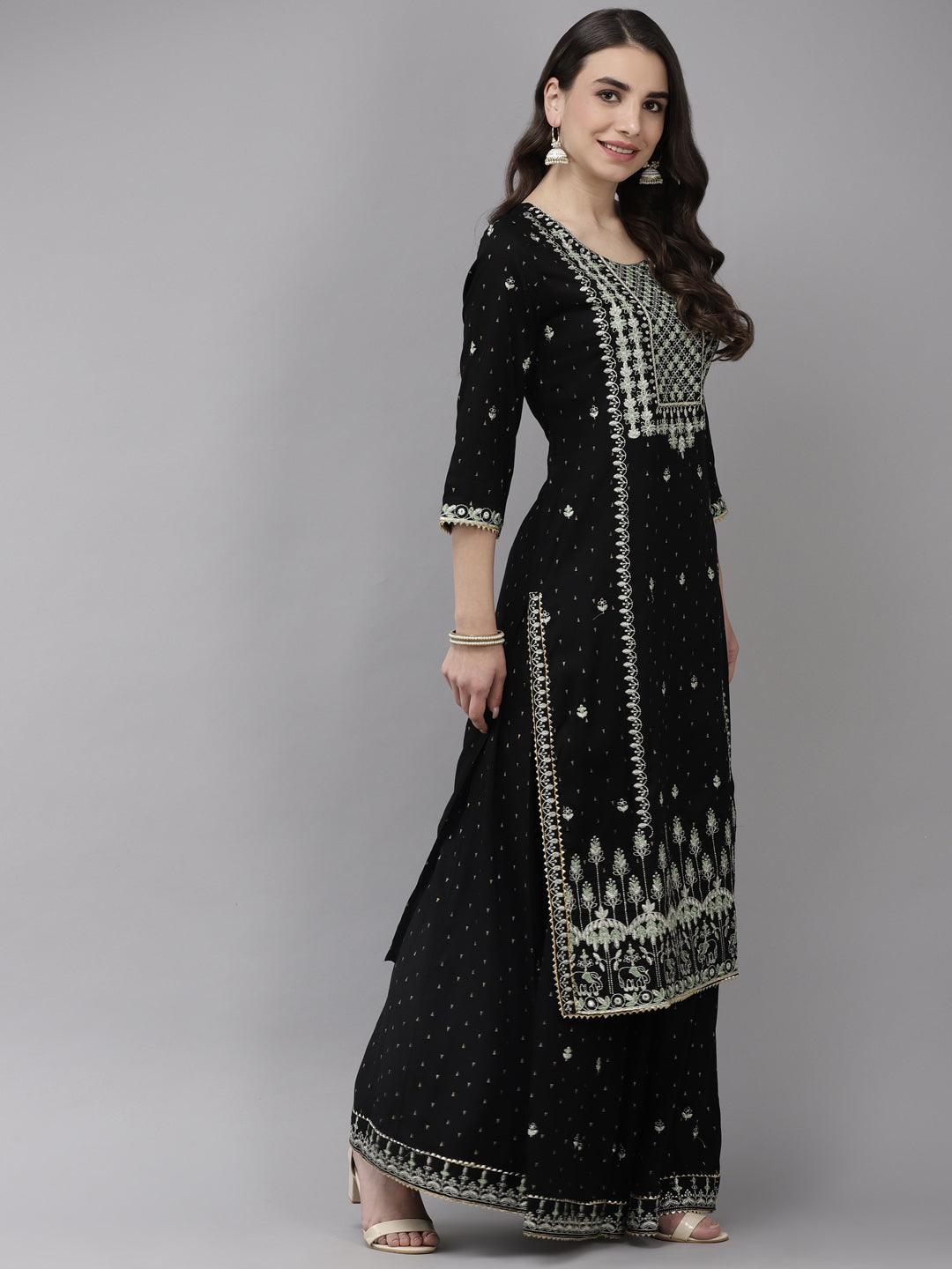 Women's Rayon Black Embroidered A-Line Kurta Sharara Dupatta Set - Ishin - Indiakreations