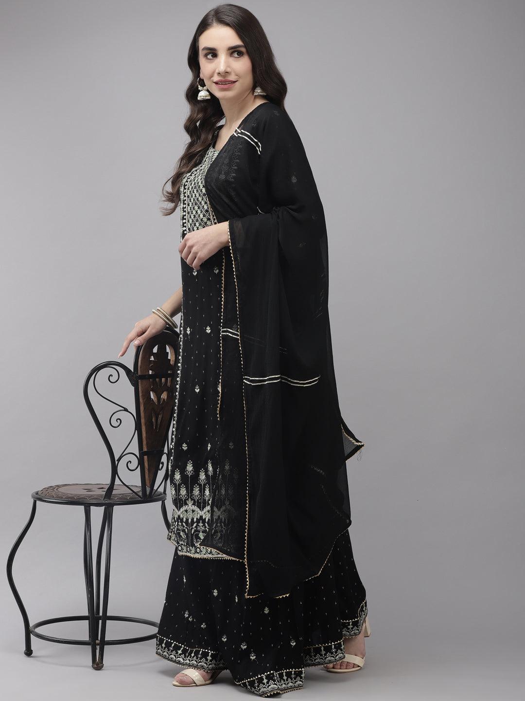 Women's Rayon Black Embroidered A-Line Kurta Sharara Dupatta Set - Ishin - Indiakreations