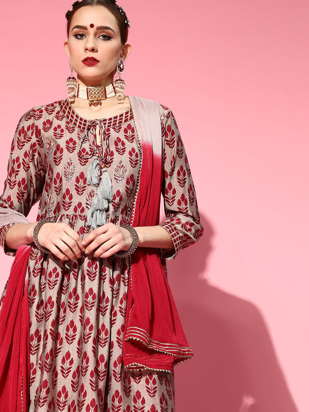 Women's Silk Blend Grey & Maroon Embroidered Anarkali Peplum Kurta Sharara Dupatta Set - Ishin - Indiakreations