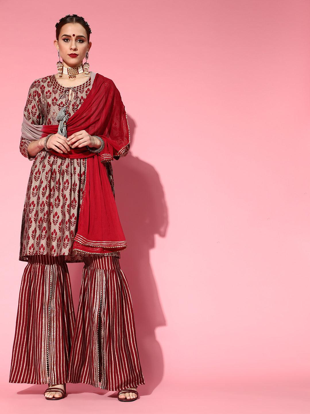 Women's Silk Blend Grey & Maroon Embroidered Anarkali Peplum Kurta Sharara Dupatta Set - Ishin - Indiakreations