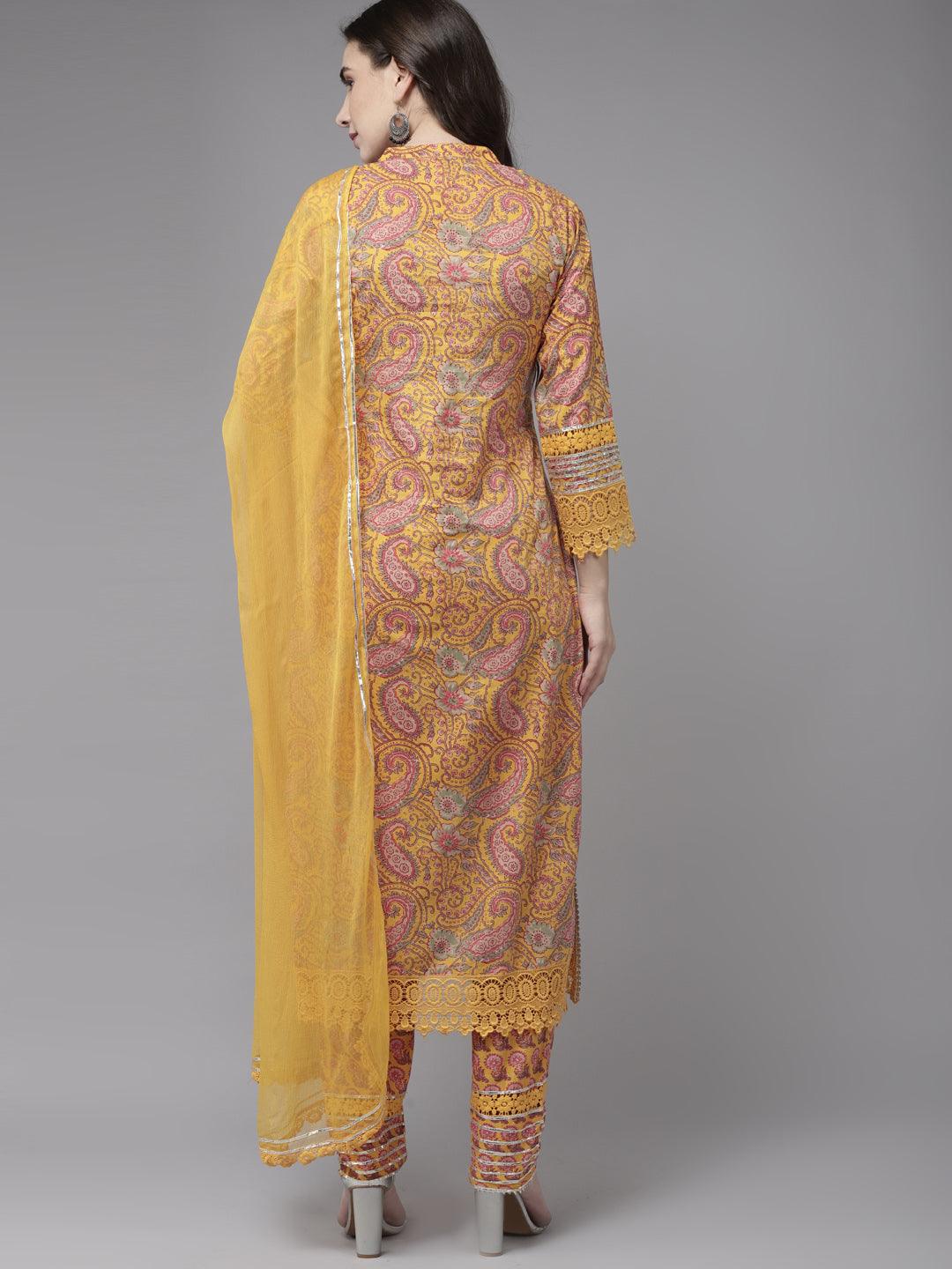 Women's Cotton Blend Mustard Embroidered A-Line Kurta Trouser Dupatta Set - Ishin - Indiakreations