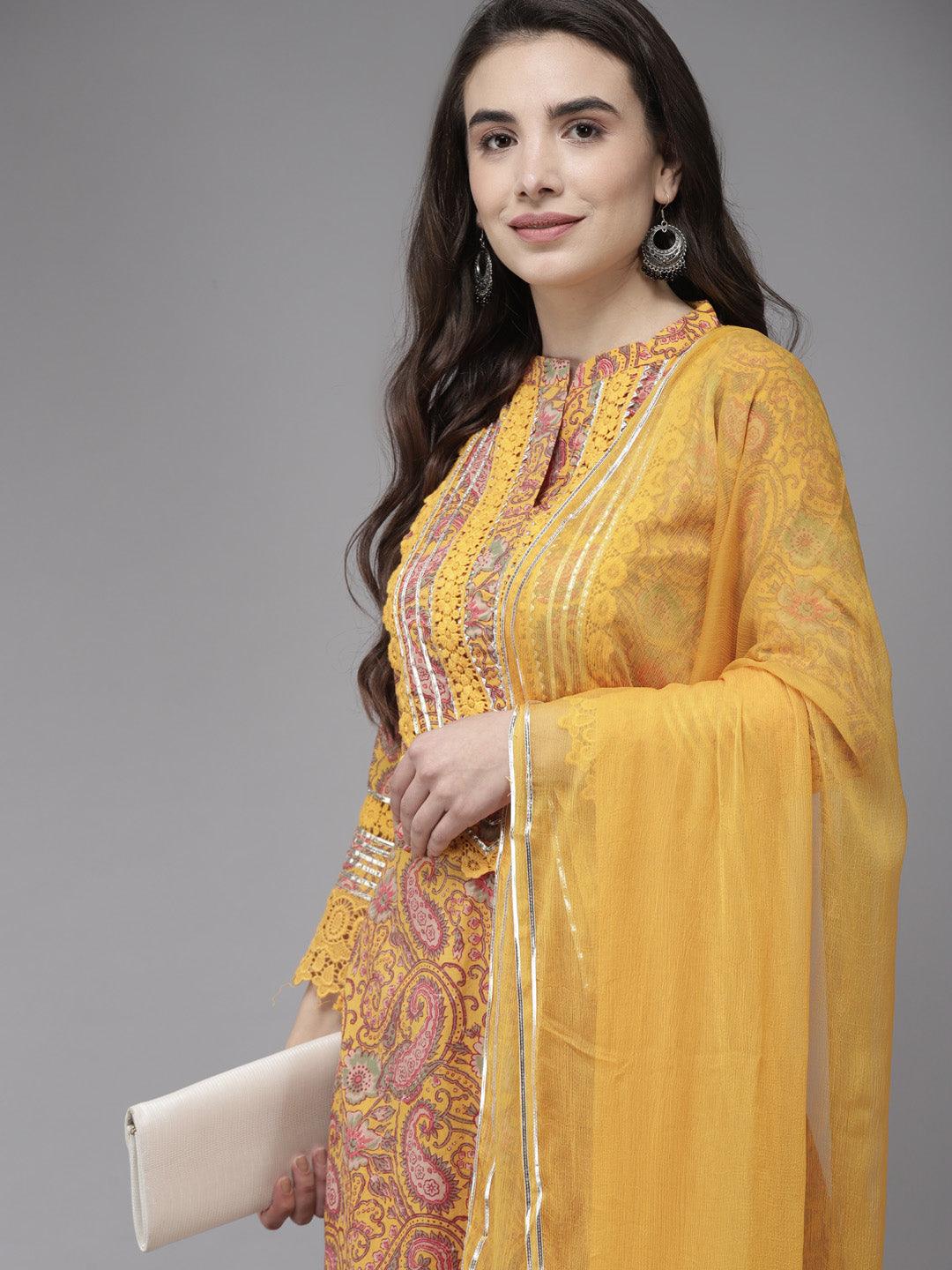 Women's Cotton Blend Mustard Embroidered A-Line Kurta Trouser Dupatta Set - Ishin - Indiakreations