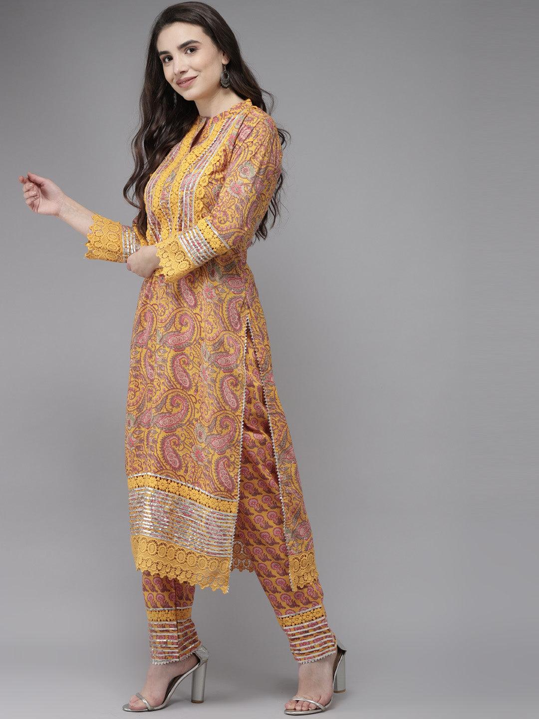 Women's Cotton Blend Mustard Embroidered A-Line Kurta Trouser Dupatta Set - Ishin - Indiakreations