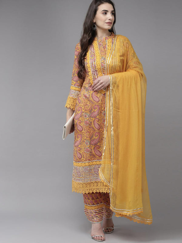 Women's Cotton Blend Mustard Embroidered A-Line Kurta Trouser Dupatta Set - Ishin - Indiakreations