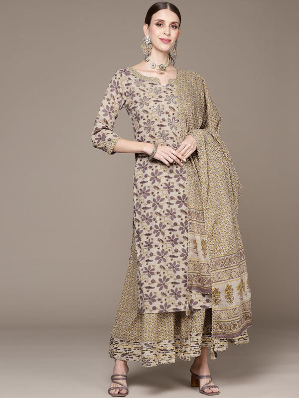 Women's Beige Floral Embroidered Beads And Stones Kurta With Sharara & With Dupatta - Ishin - Indiakreations