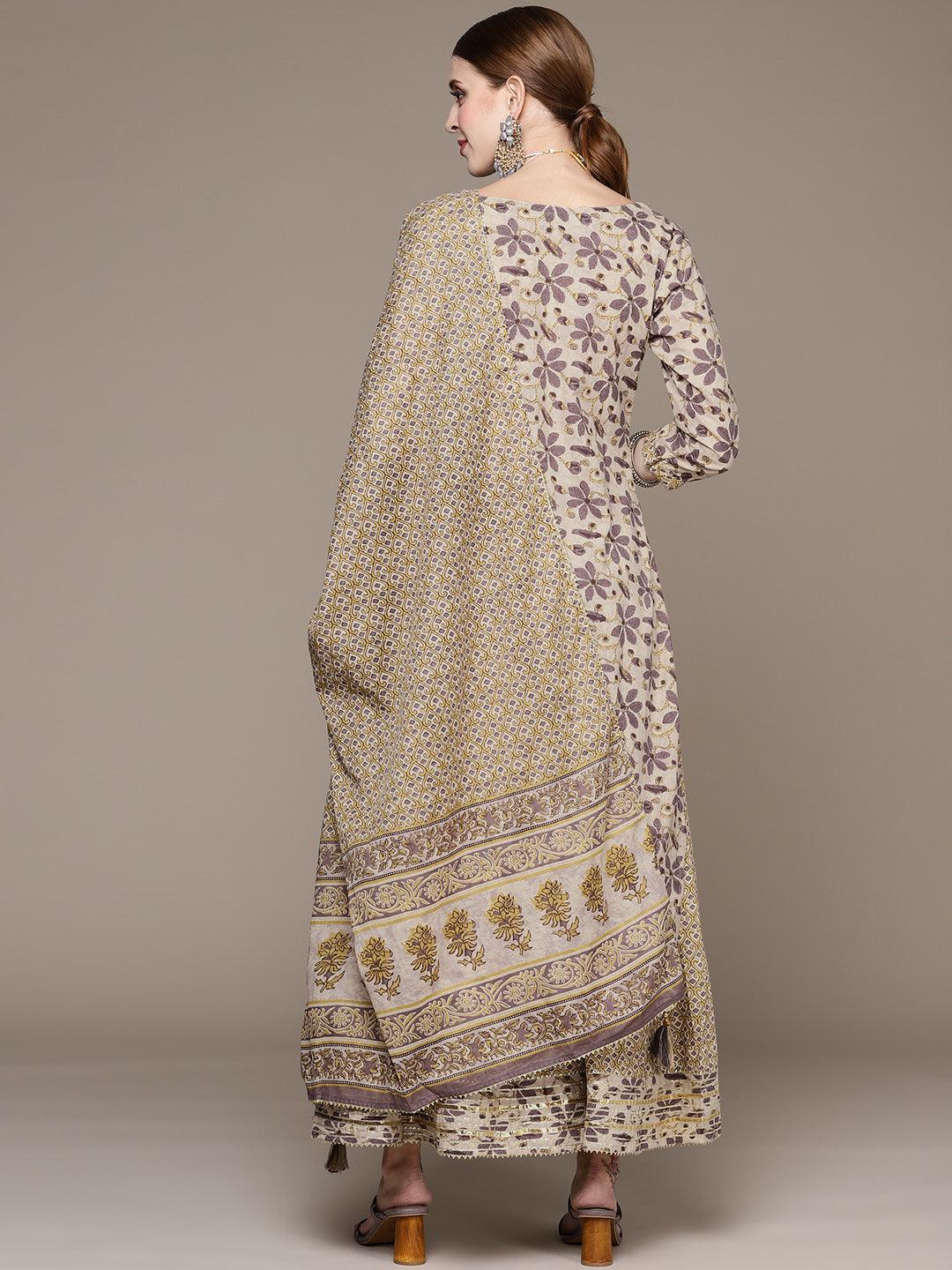 Women's Beige Floral Embroidered Beads And Stones Kurta With Sharara & With Dupatta - Ishin - Indiakreations