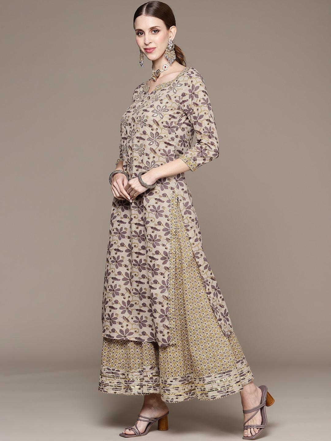 Women's Beige Floral Embroidered Beads And Stones Kurta With Sharara & With Dupatta - Ishin - Indiakreations