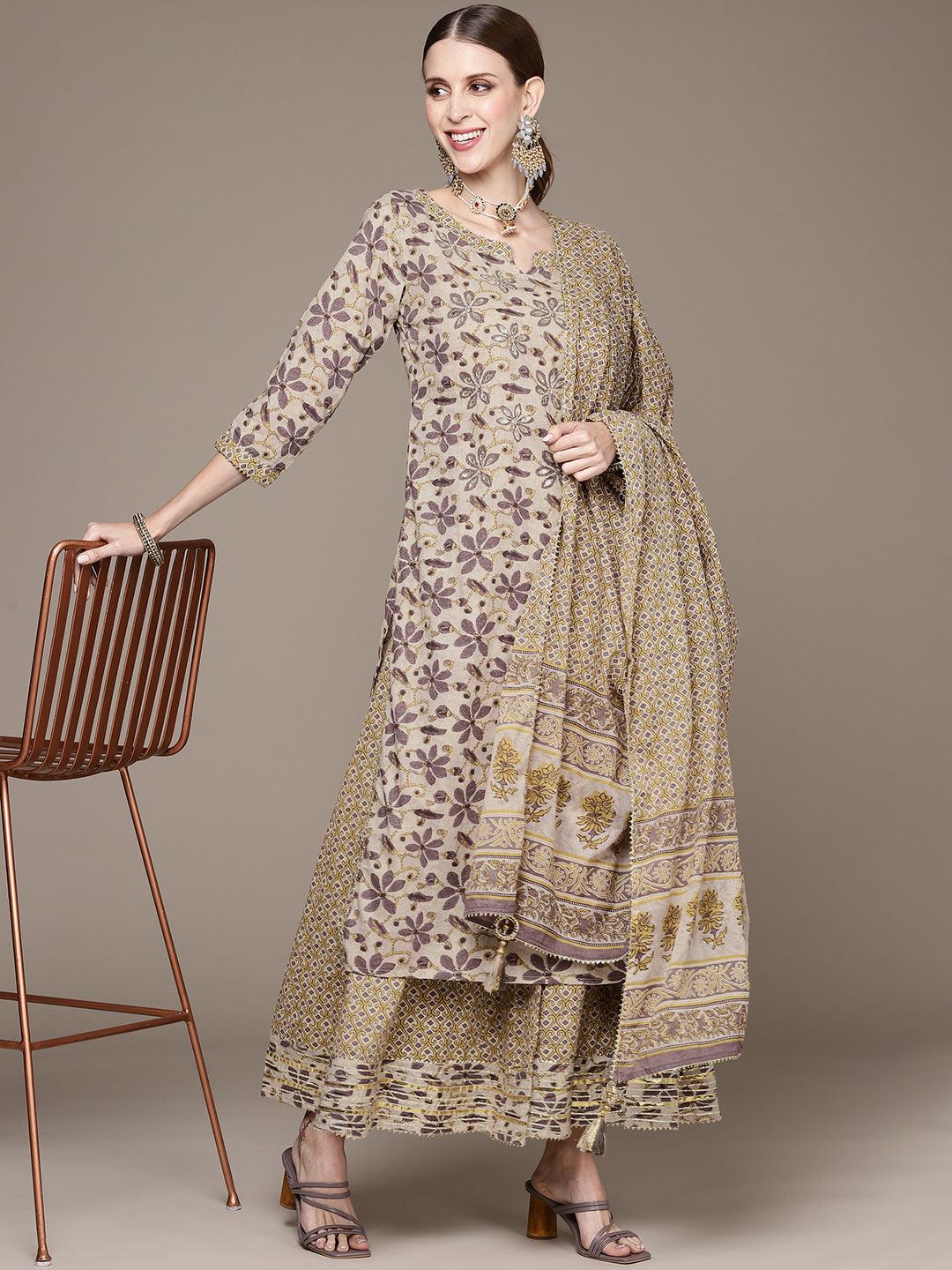 Women's Beige Floral Embroidered Beads And Stones Kurta With Sharara & With Dupatta - Ishin - Indiakreations