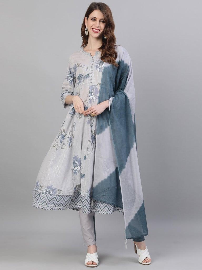 Women's Grey Kurta with Trouser & Dupatta Suit Set by Ishin- (3pcs set) - Indiakreations