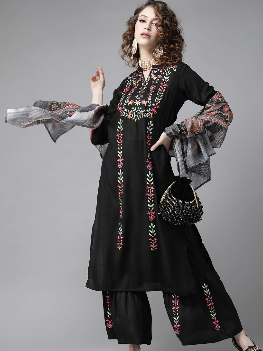 Women's Black Embroidered A-Line Kurta Sharara Dupatta Set - Ishin