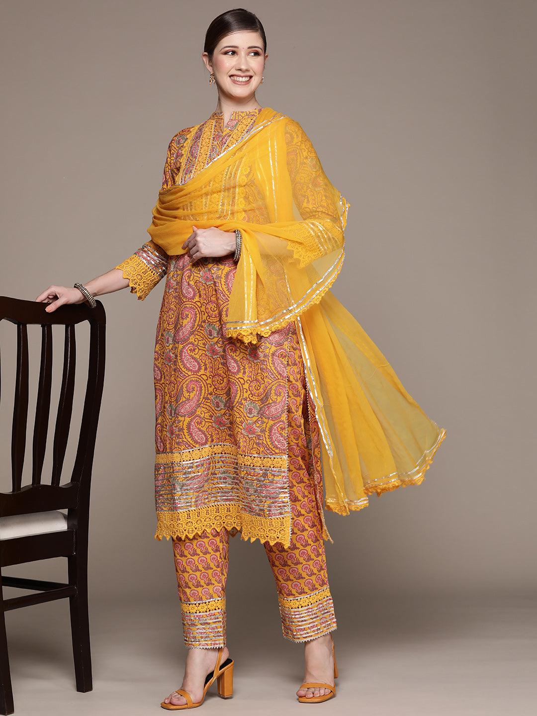 Women's Cotton Blend Mustard Embroidered A-Line Kurta Trouser Dupatta Set - Ishin - Indiakreations