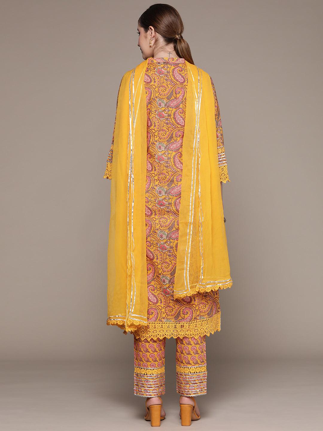 Women's Cotton Blend Mustard Embroidered A-Line Kurta Trouser Dupatta Set - Ishin - Indiakreations