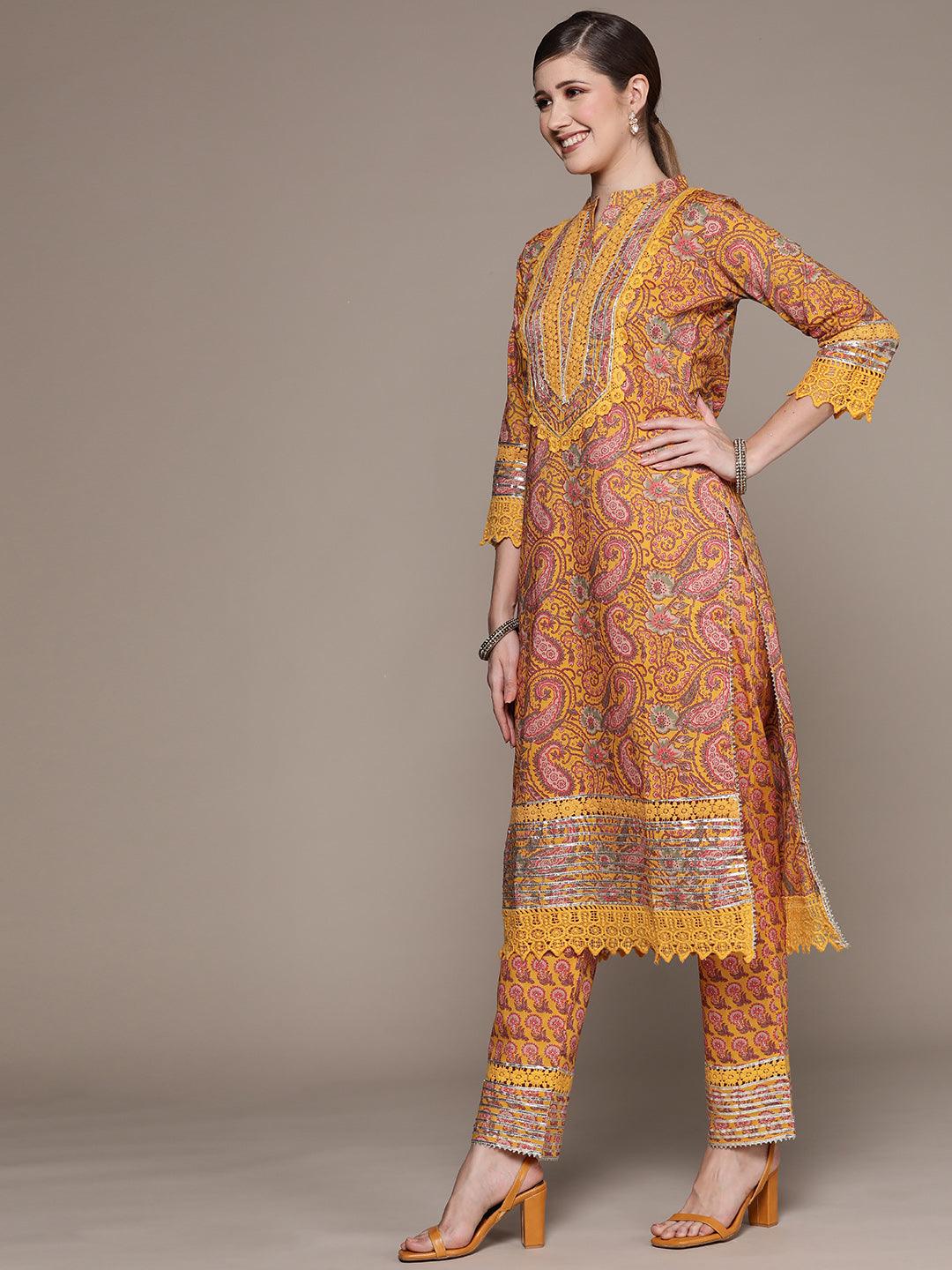 Women's Cotton Blend Mustard Embroidered A-Line Kurta Trouser Dupatta Set - Ishin - Indiakreations