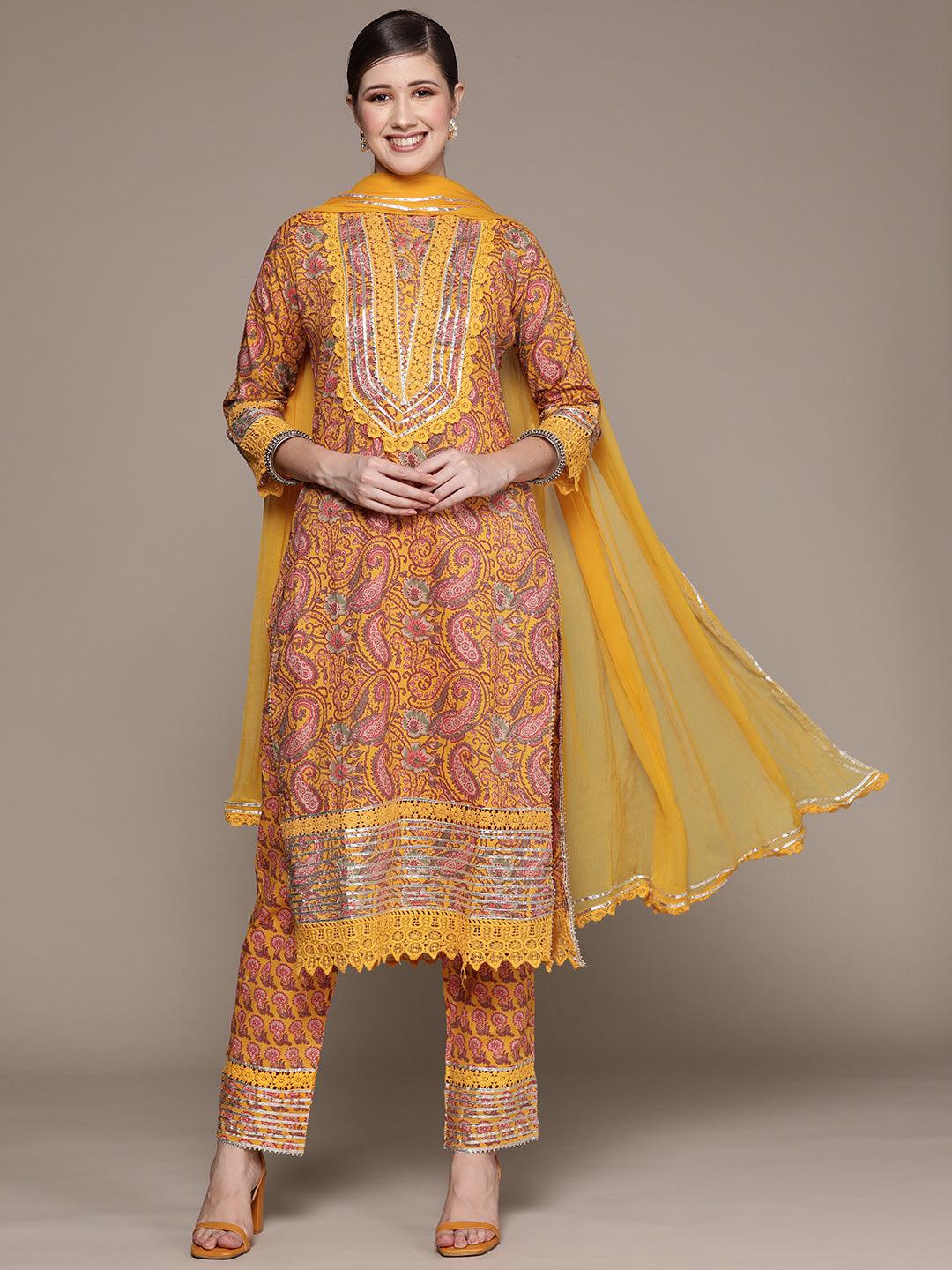 Women's Cotton Blend Mustard Embroidered A-Line Kurta Trouser Dupatta Set - Ishin - Indiakreations