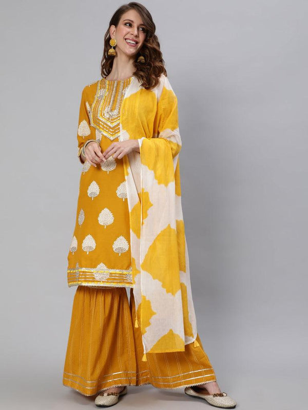 Women's Cotton Mustard Embroidered A-Line Kurta Sharara Dupatta Set - Ishin - Indiakreations