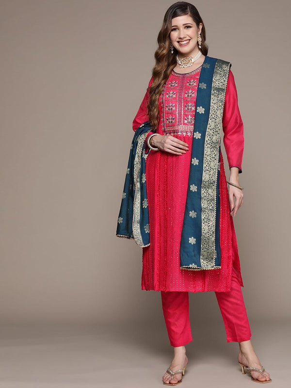 Women's Pink Embroidered A-Line Kurta With Trouser & Dupatta - Ishin - Indiakreations