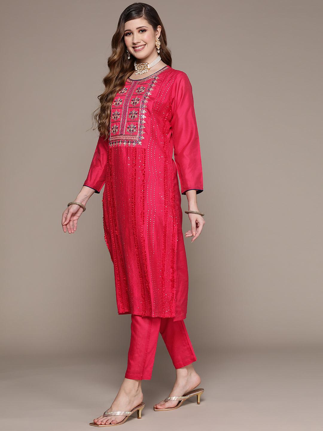 Women's Pink Embroidered A-Line Kurta With Trouser & Dupatta - Ishin - Indiakreations