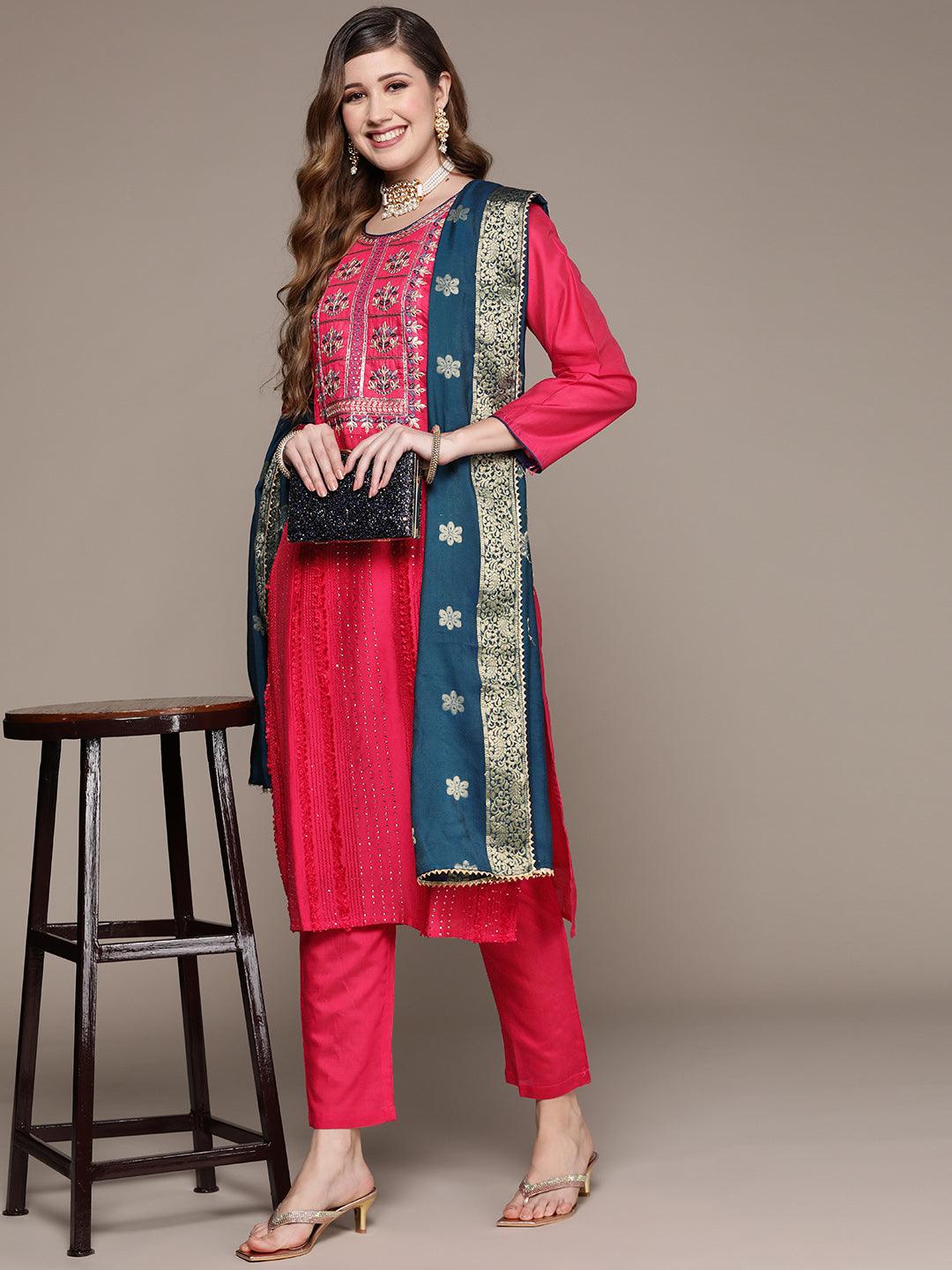 Women's Pink Embroidered A-Line Kurta With Trouser & Dupatta - Ishin - Indiakreations