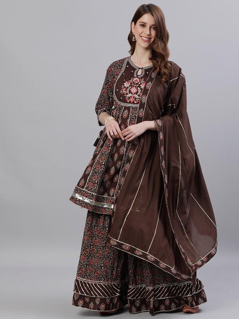 Women's Cotton Brown Zari Embroidered Peplum Kurta Sharara Dupatta Set - Ishin - Indiakreations