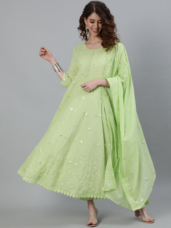 Women's Green Mirror Embroidered Anarkali Kurta With Trouser & Dupatta - Ishin - Indiakreations