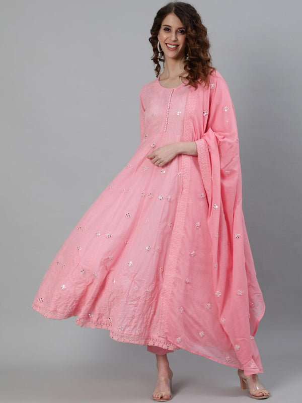 Women's Pink Mirror Embroidered Anarkali Kurta With Trouser & Dupatta - Ishin - Indiakreations