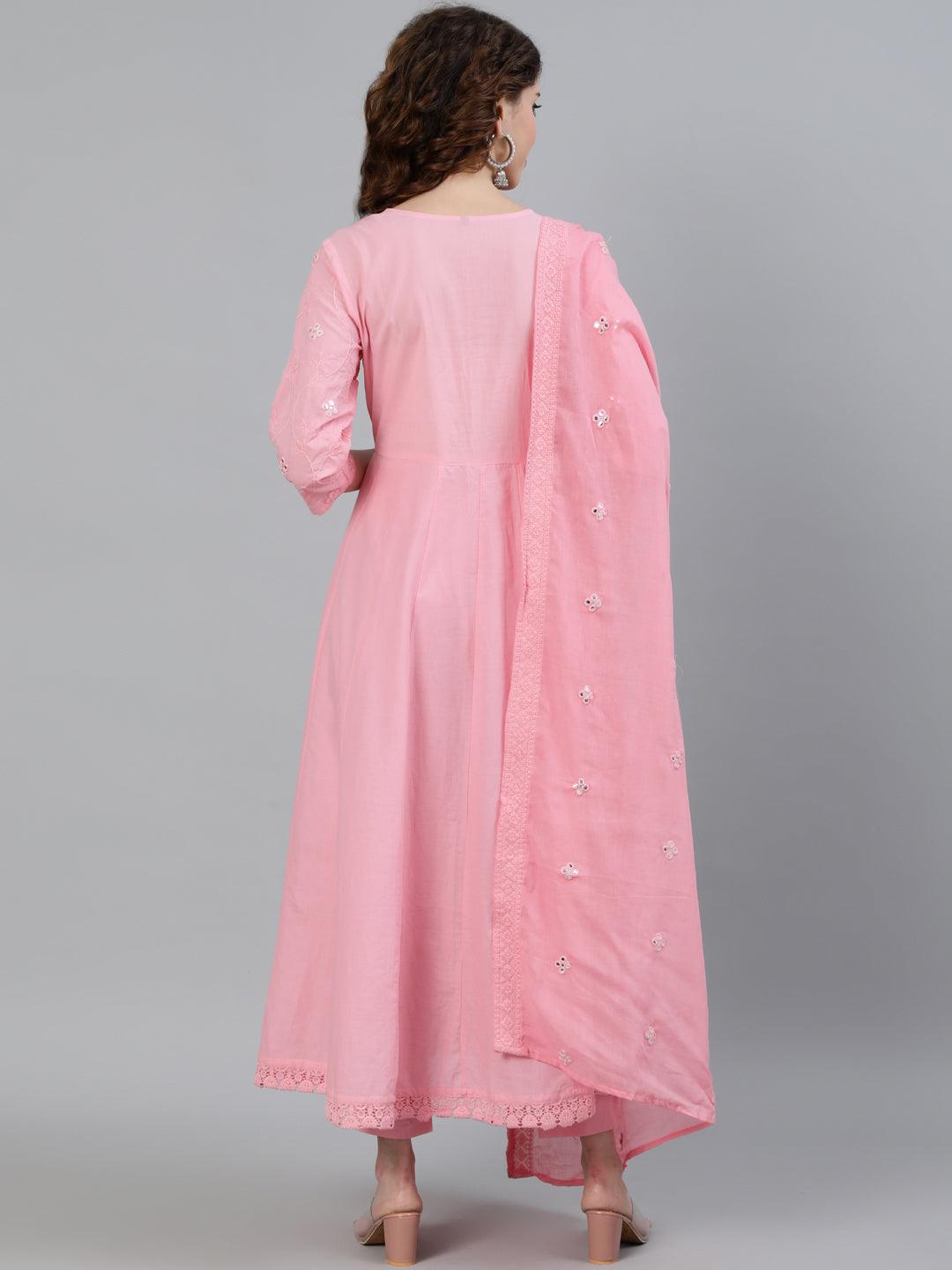 Women's Pink Mirror Embroidered Anarkali Kurta With Trouser & Dupatta - Ishin - Indiakreations