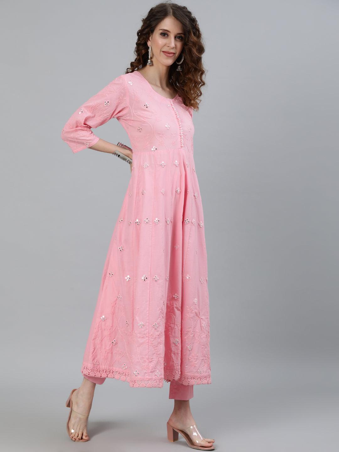 Women's Pink Mirror Embroidered Anarkali Kurta With Trouser & Dupatta - Ishin - Indiakreations