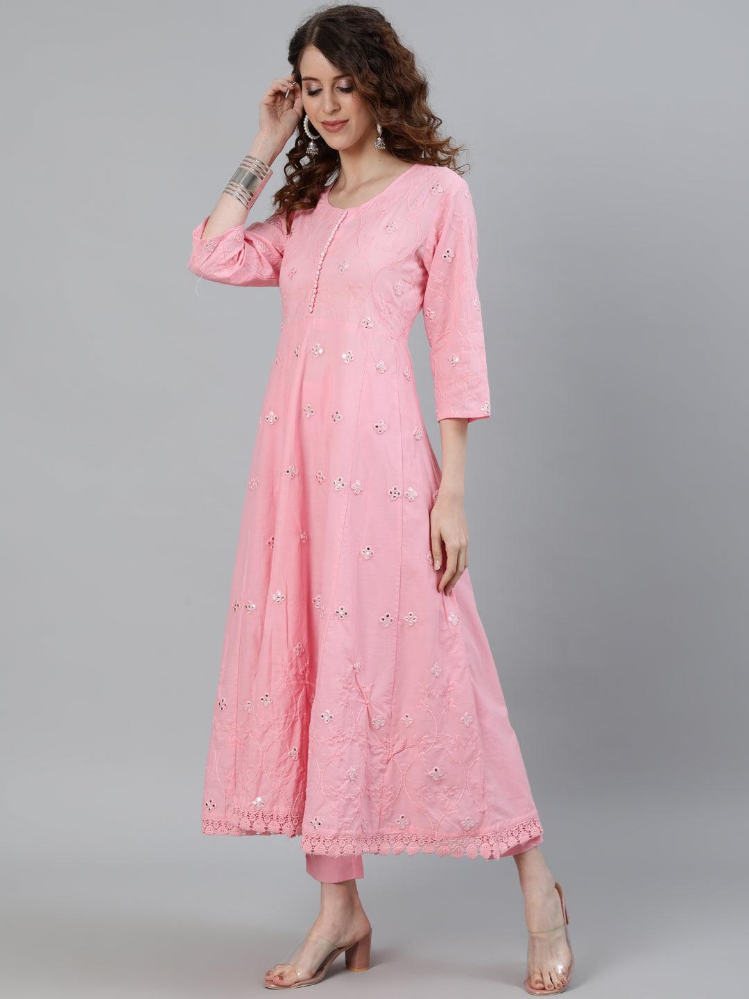 Women's Pink Mirror Embroidered Anarkali Kurta With Trouser & Dupatta - Ishin - Indiakreations