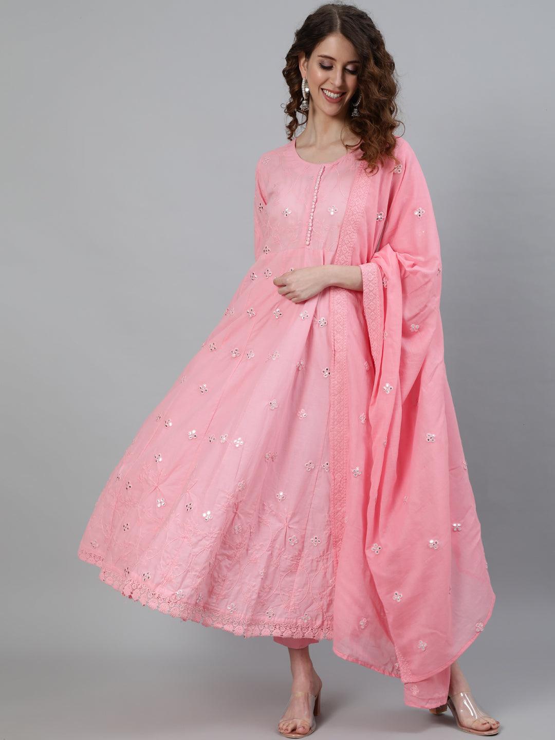 Women's Pink Mirror Embroidered Anarkali Kurta With Trouser & Dupatta - Ishin - Indiakreations