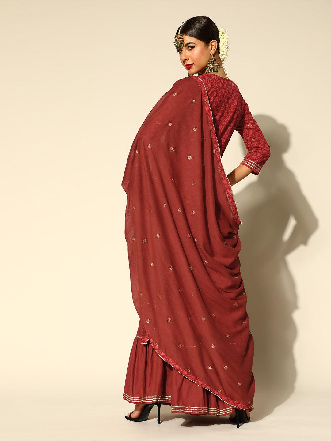 Women's Cotton Blend Maroon Embroidered A-Line Kurta Sharara Dupatta Set - Ishin - Indiakreations