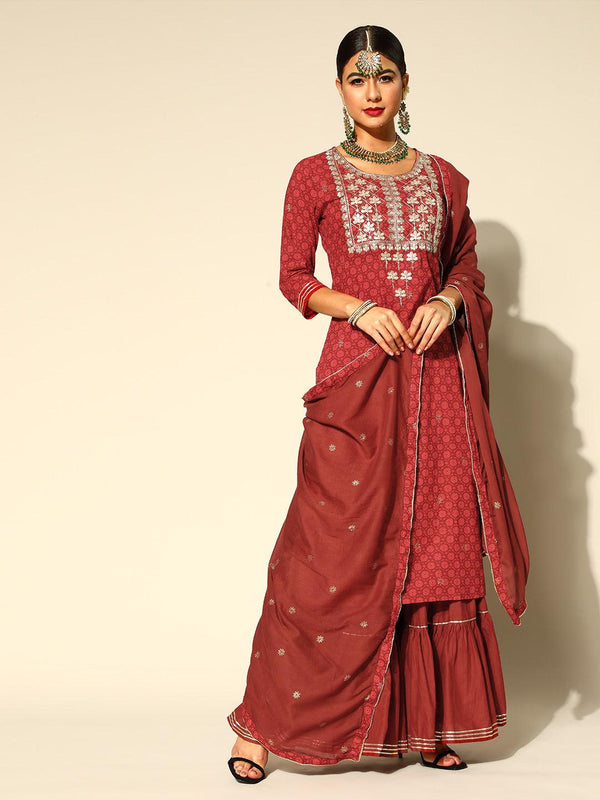 Women's Cotton Blend Maroon Embroidered A-Line Kurta Sharara Dupatta Set - Ishin - Indiakreations