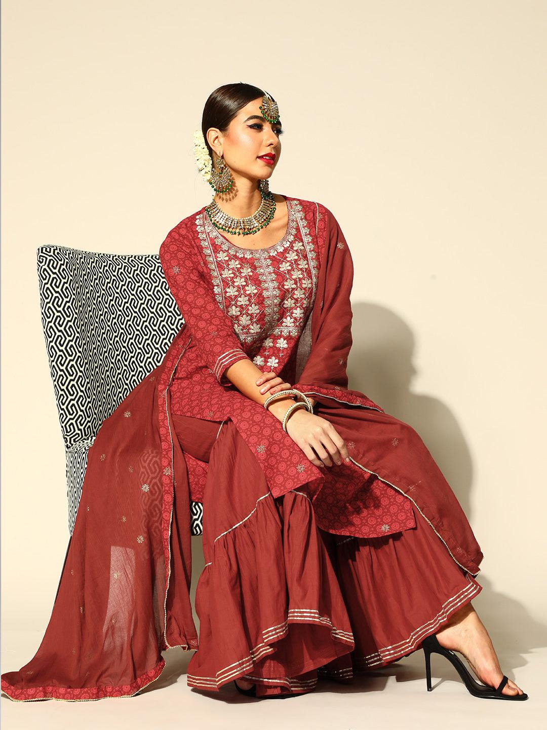 Women's Cotton Blend Maroon Embroidered A-Line Kurta Sharara Dupatta Set - Ishin - Indiakreations