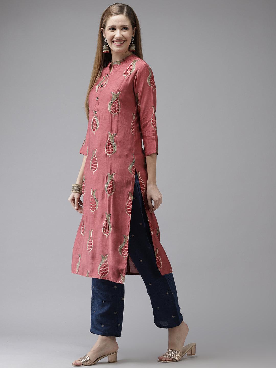 Women's Art Silk Rose Pink & Blue Embellished A-Line Kurta Palazzo Dupatta Set - Ishin - Indiakreations