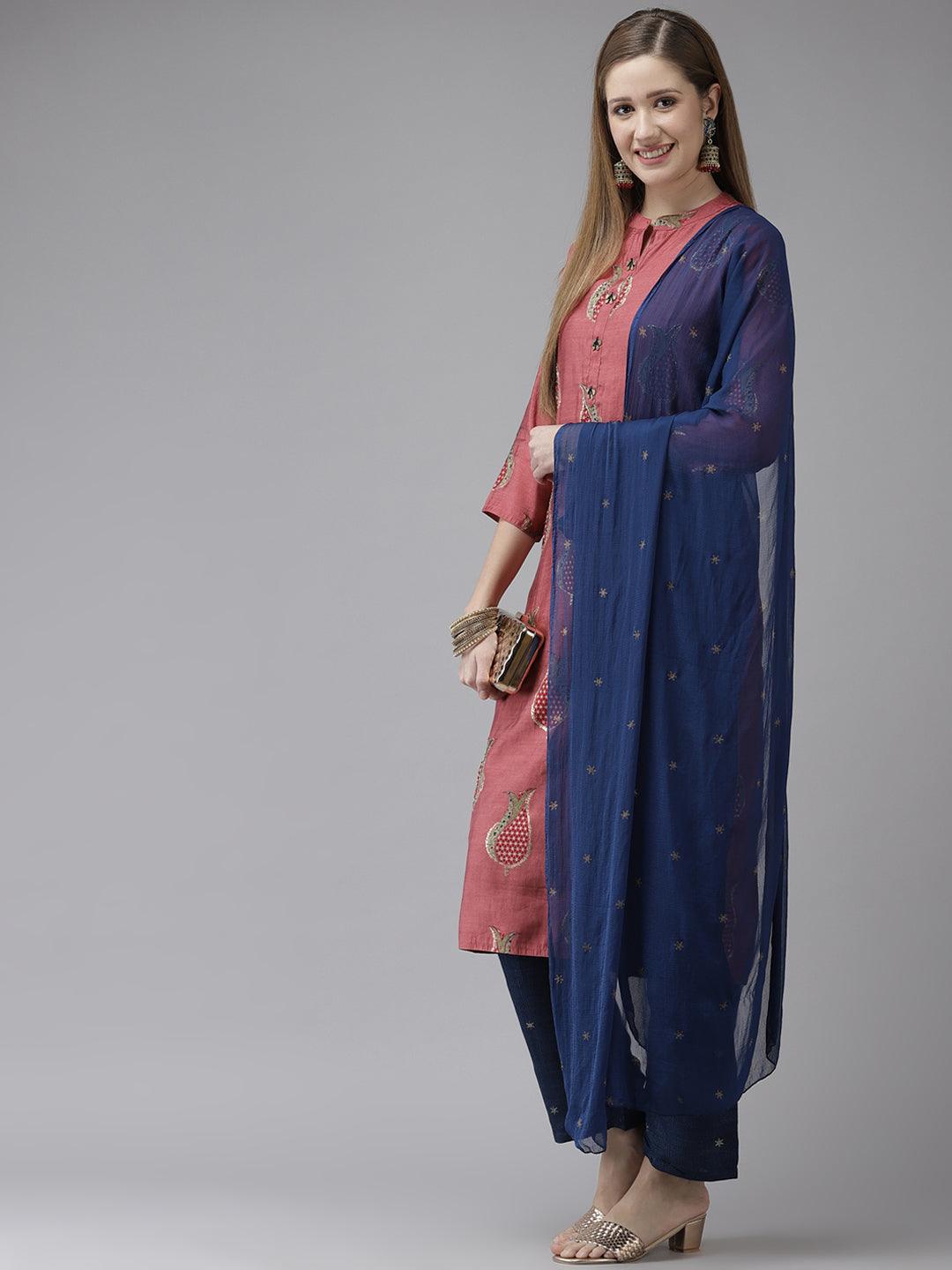 Women's Art Silk Rose Pink & Blue Embellished A-Line Kurta Palazzo Dupatta Set - Ishin - Indiakreations