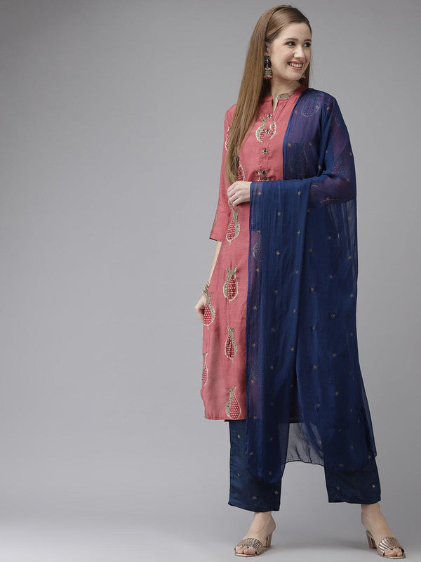 Women's Art Silk Rose Pink & Blue Embellished A-Line Kurta Palazzo Dupatta Set - Ishin - Indiakreations