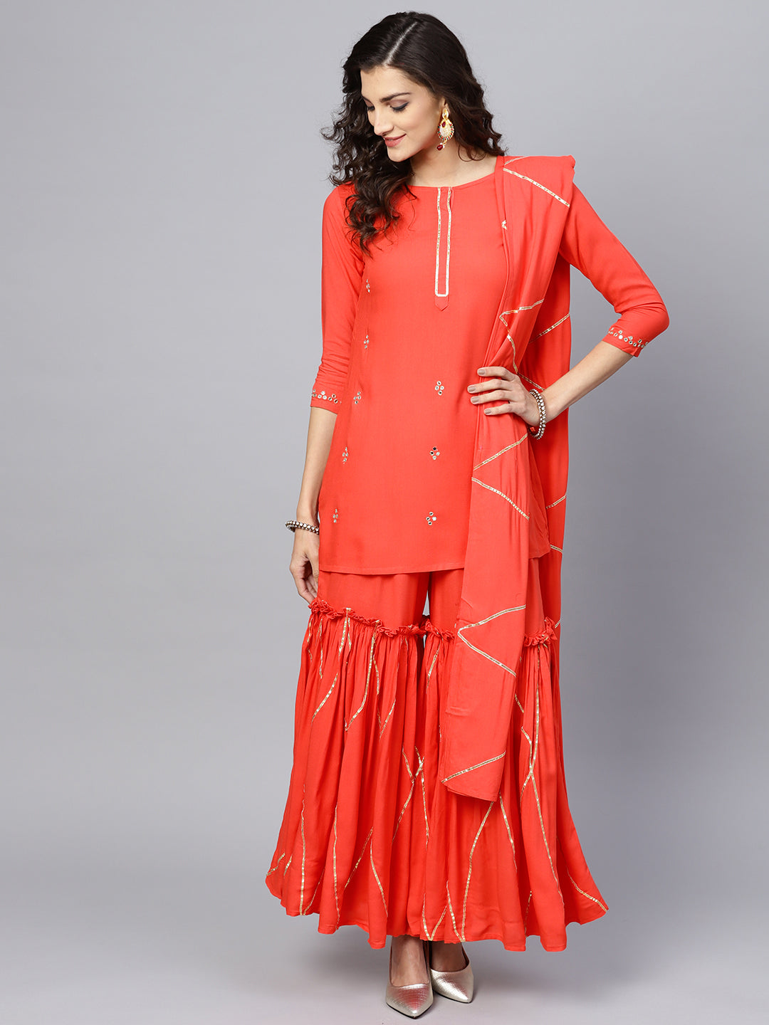 Women's  Coral Red Solid Kurta With Sharara & Dupatta - Ishin