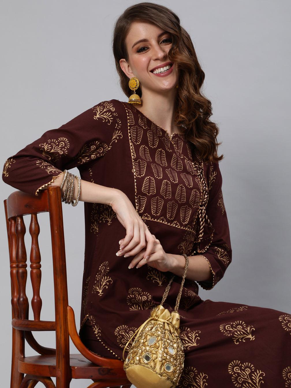 Women's Brown Embroidered Straight Kurta With Trouser - Ishin - Indiakreations