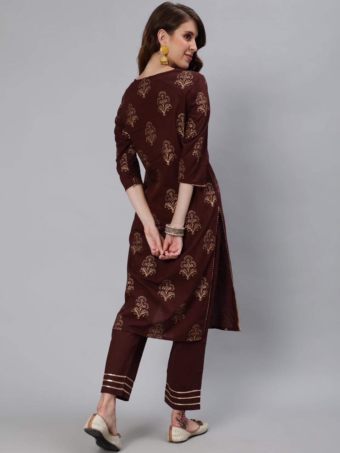 Women's Brown Embroidered Straight Kurta With Trouser - Ishin - Indiakreations