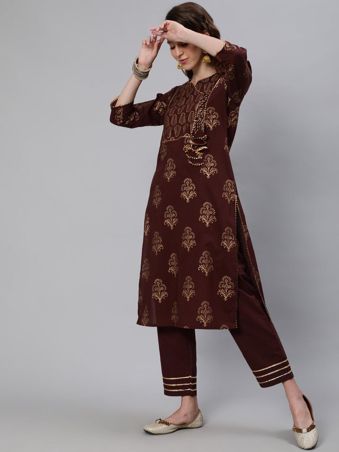 Women's Brown Embroidered Straight Kurta With Trouser - Ishin - Indiakreations