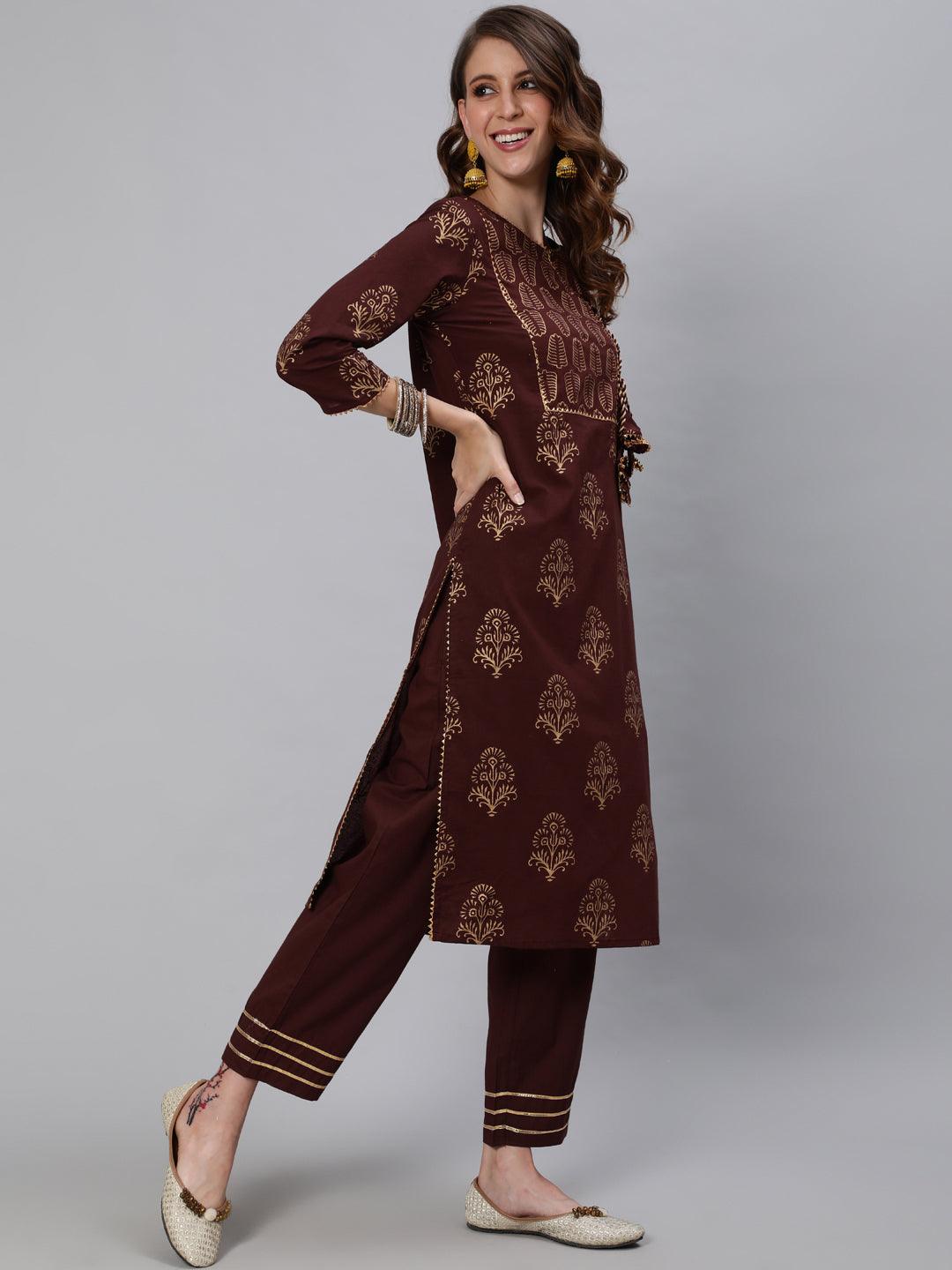 Women's Brown Embroidered Straight Kurta With Trouser - Ishin - Indiakreations