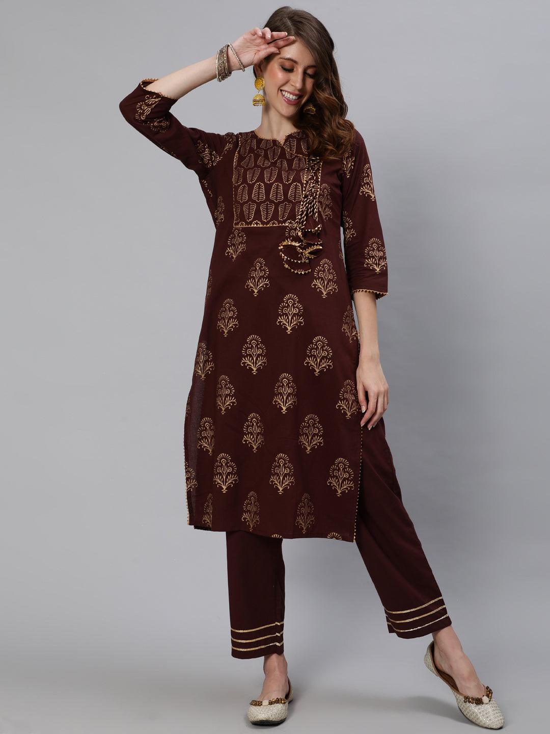 Women's Brown Embroidered Straight Kurta With Trouser - Ishin - Indiakreations